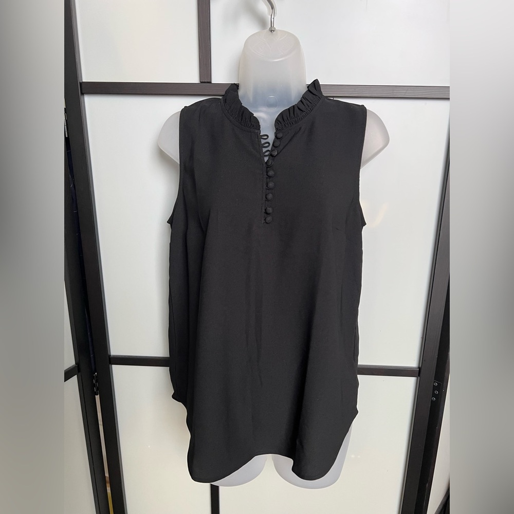 Ann Taylor Mock Neck Ruffle Sleeveless Button Blouse Top Small Black